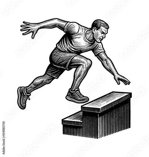 Man Jumping Over Step in Black and White Engraving Style Illustration Side View