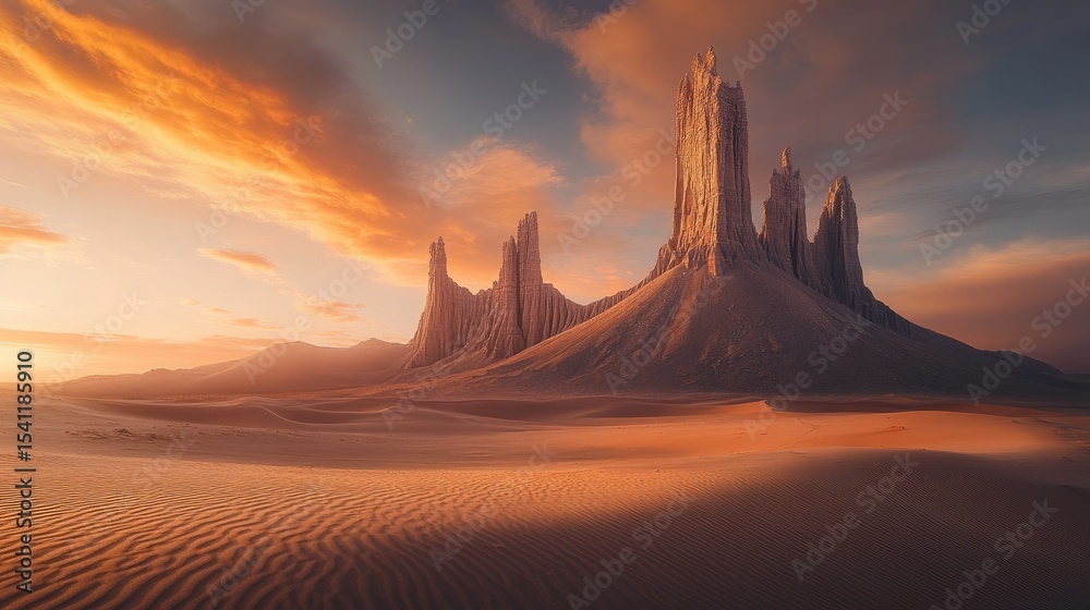 Naklejka premium Dramatic sunset over towering desert formations.