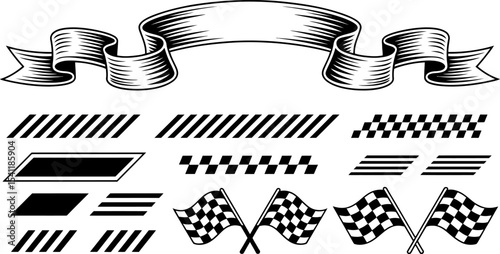 Vector racing elements checkered flags stripes banner design graphics illustration template set black white editable stock vector illustration