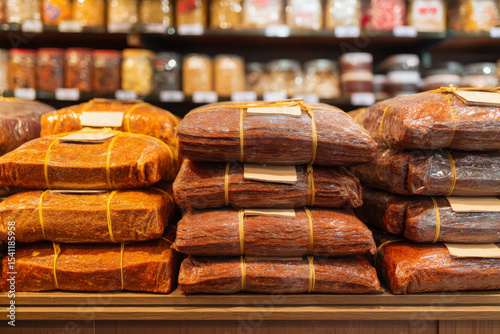 Neatly stacked dried shrimp paste packs appear flavorful and ready to purchase
