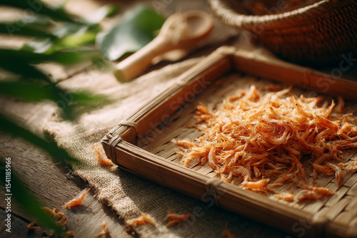 Dried shrimp on tray looks delicious and flavorful, making mouthwatering meal