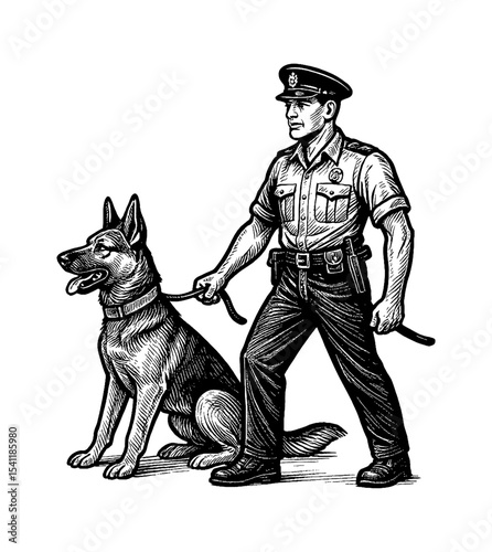 Police officer with german shepherd dog sitting attentively in monochrome line art drawing style