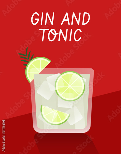 Vector art of Gin and Tonic cocktail with lime garnish on red background. Ideal for beverage or bar menu design.