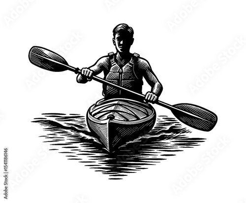 Man paddling in a kayak on water surface with detailed engraving line art style