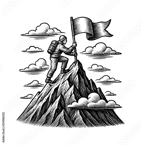 Man climbing a mountain with flag in vintage engraved style, reaching peak, achievement