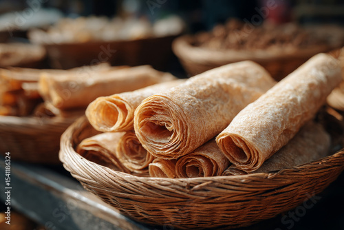 Rolled dried tofu skin looks tasty in woven basket, ready to cook