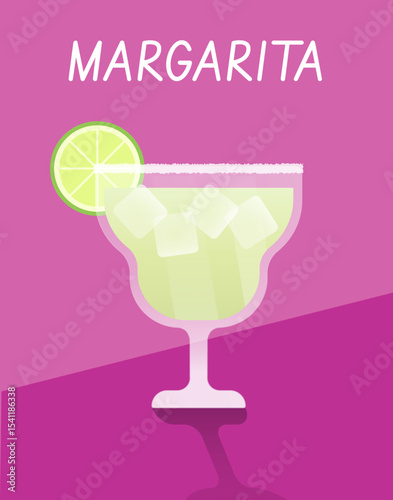Vector illustration of Margarita cocktail with lime garnish on vibrant pink background. Perfect for festive and Mexican-themed designs.