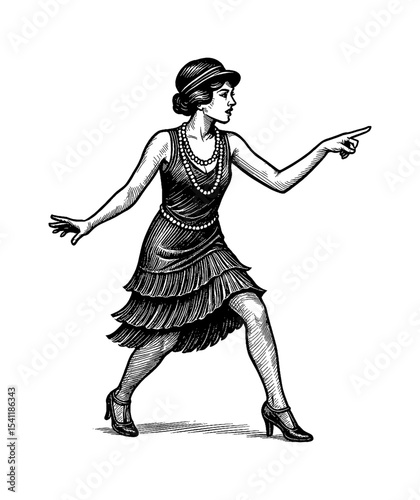 Flapper Girl in 1920s Fashion Walking and Pointing Finger with Vintage Engraving Illustration