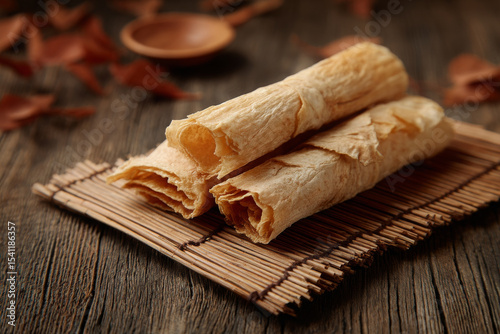 Tofu skin rolls rest contentedly on bamboo mat, culinary delight