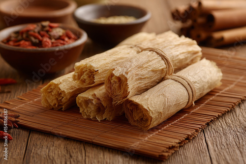 Dried tofu skin rolls look delightfully stacked on bamboo mat, ready to be served