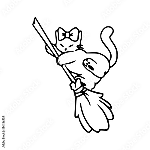 adorable cat on broom illustration