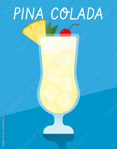 Pina Colada cocktail with pineapple garnish and cherry on light blue background. Tropical vector perfect for summer-themed illustrations.