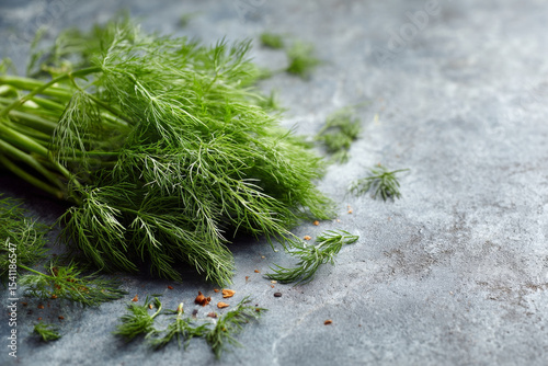 Fresh fennel fronds are artistically scattered on concrete with delight