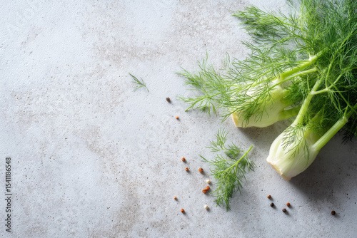 Fresh fennel fronds create natural, inviting composition on concrete
