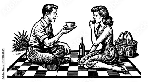 Couple Having Picnic with Drink Bottle and Basket on Checkered Blanket Engraved Illustration