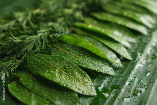 Green herb on banana leaf is fresh and wet