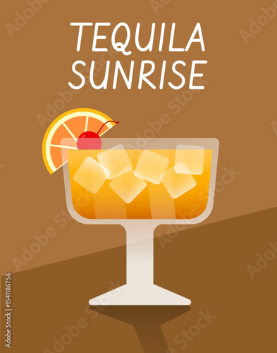 Vector Tequila Sunrise cocktail in a tall glass with orange and cherry garnish. Earthy brown background adds a warm vibe.