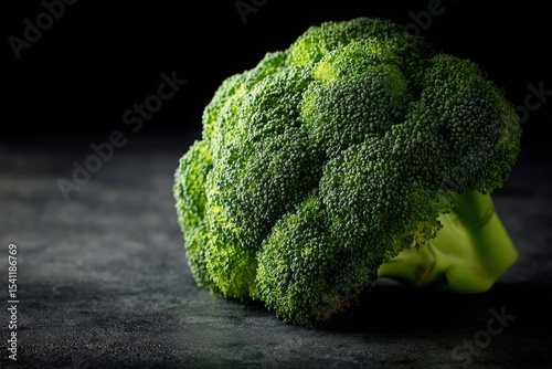 Fresh broccoli head presents vibrant green, emanating natural goodness