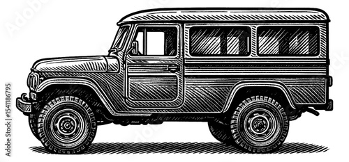 Black and White Engraving of Classic Off Road Vehicle with Detailed Hatching