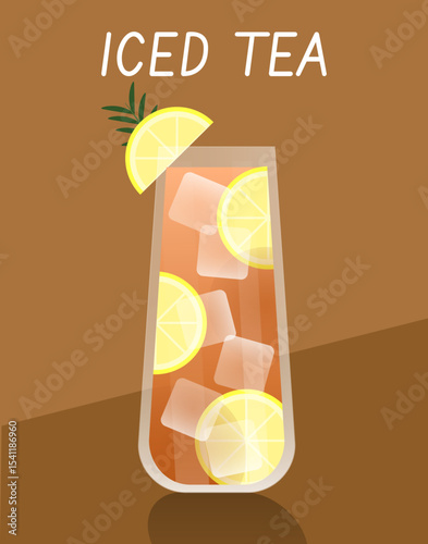 Classic iced tea vector with lemon garnish on brown background. Great for drink menu and summer concept.