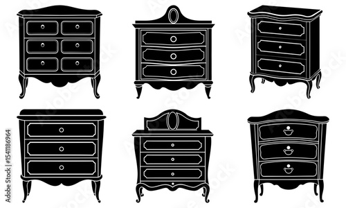 Illustration of six antique dressers with drawers and decorative legs in black and white silhouette style
