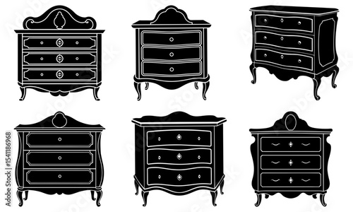 Illustration of six antique dressers with ornate details in black and white silhouette style art design