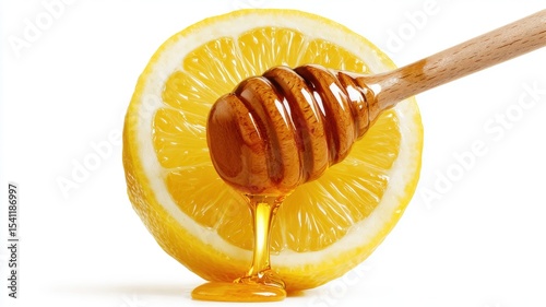 Lemon slice with honey dripping from a wooden spoon, showcasing vibrant colors and textures.