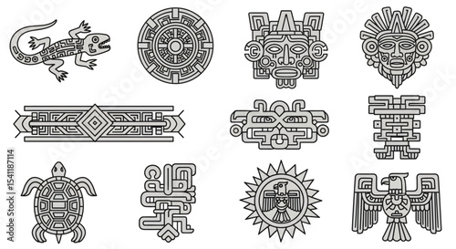 Ancient Aztec and Mayan Symbols Depicting Animals, Deities, and Geometric Designs