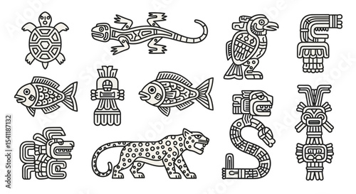 Wallpaper Mural Aztec Style Animal and Deity Glyphs: Detailed Line Art Set Torontodigital.ca