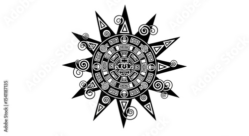 Aztec Sun Calendar Inspired Monochrome Starburst Design