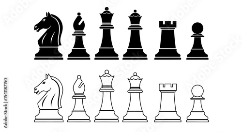 Black and White Chess Pieces: Knight, Bishop, Queen, Rook, and Pawn