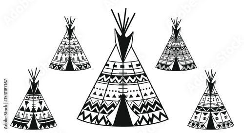 Black and White Decorative Teepees with Intricate Tribal Patterns