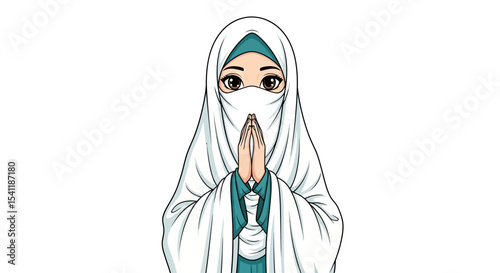Cartoon Muslim Woman in Prayerful Pose with Traditional Dress