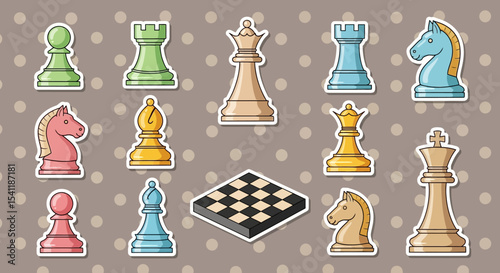Cartoonish Chess Pieces and Board with Colorful, Stylized Design