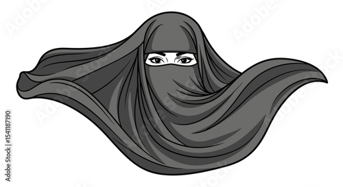 Cartoon woman's face with expressive eyes covered by a gray niqab