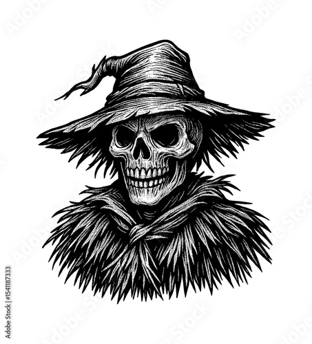 Creepy Skull Wearing Witch Hat with Straw Collar in Detailed Black and White Drawing