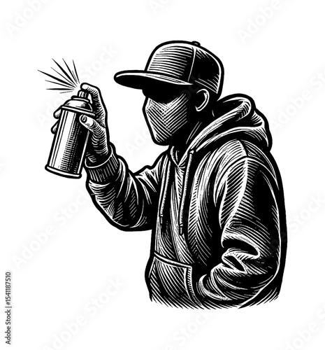 Silhouette of person spraying paint from can wearing hoodie and baseball cap, black and white illustration