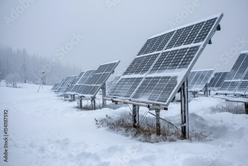 Solar panels covered in snow during winter energy generation
