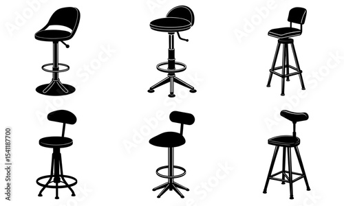 Illustration of six different black bar stools with varying designs and backrest heights on a white background