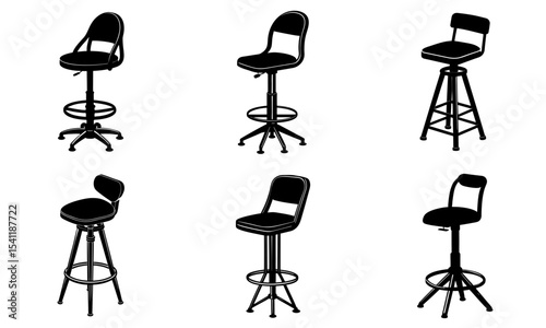 A collection of six different black bar stools with varying designs and base configurations shown in the image