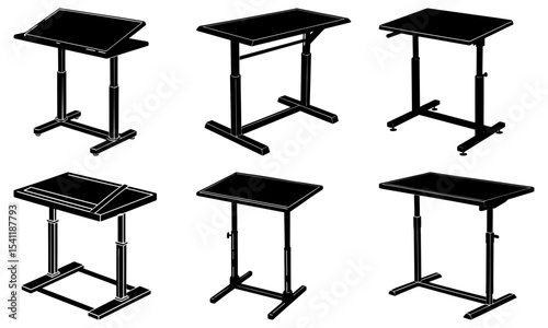 Illustration showing six adjustable height tables with different base and tabletop designs in black and white