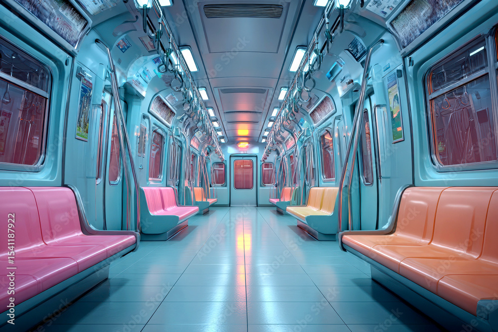 Obraz premium Empty subway car interior with colorful seats and soft lighting creating calm mood