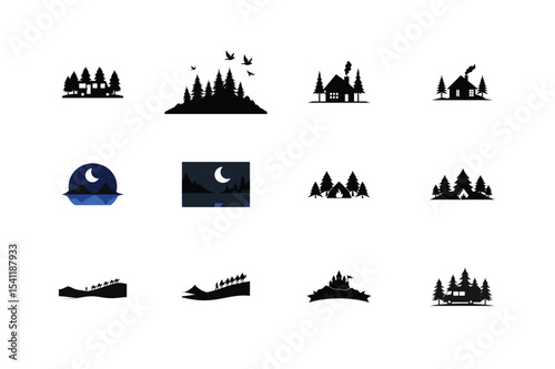 Silhouette vector travel icons set featuring various sea transportation vessels like ships, boats, yachts, and cruise liners