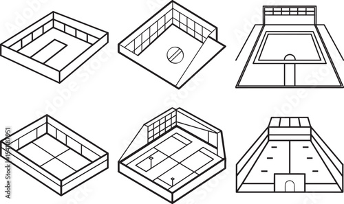 Set of Tennis court black outline vector and illustration