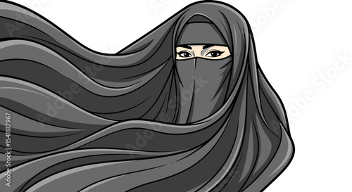 Mysterious Woman in Niqab with Flowing Black Veil