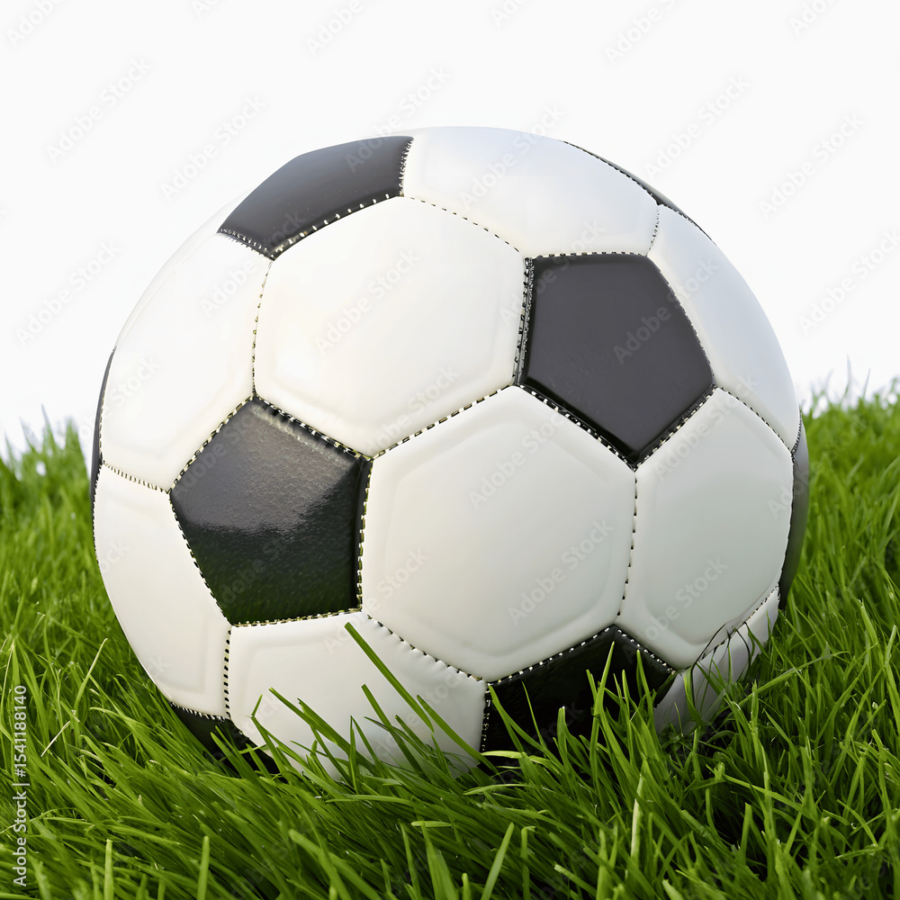 Fototapeta premium Soccer ball sits on a vibrant green grass field isolated on white background