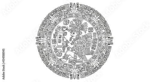 Seated Mayan Priest with Scroll and Ornate Circular Glyphs