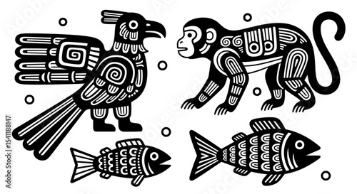 Stylized Aztec-Inspired Eagle, Monkey, and Fish Illustrations with Intricate Black and White Patterns