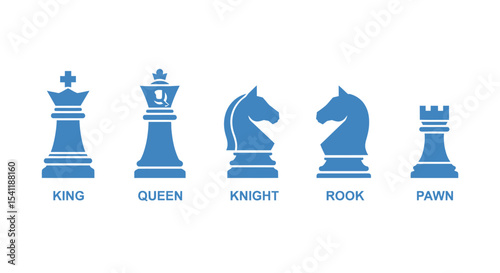 Stylized Blue Chess Pieces: King, Queen, Knight, Rook, and Pawn