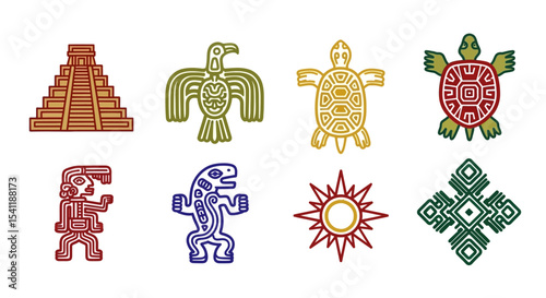Stylized Mayan glyphs featuring a pyramid, bird, turtles, human figure, monster, sun, and geometric design